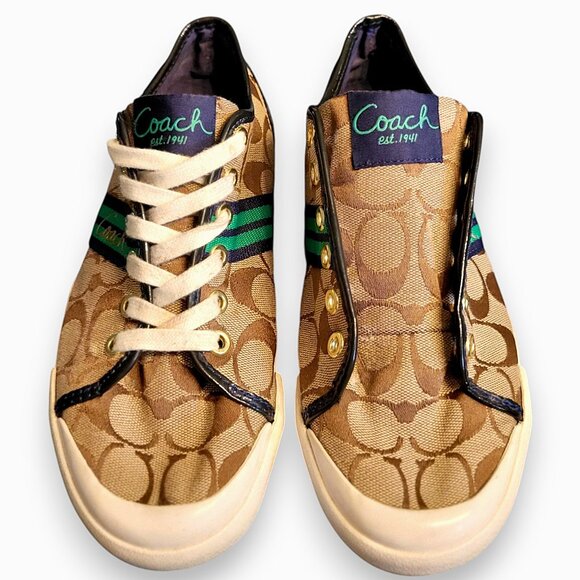 Coach Folly Signature C Sneakers Brown/Green Stripe & Blue Purple Heel Womenโs 8 - Picture 8 of 16